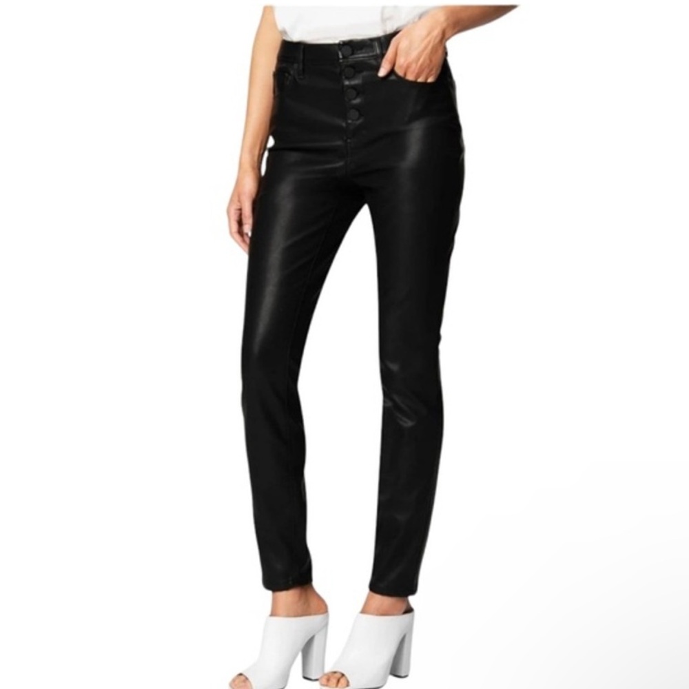 Blank NYC Faux Leather High Rise Button Fly Skinny Jeans in Daddy Soda Black